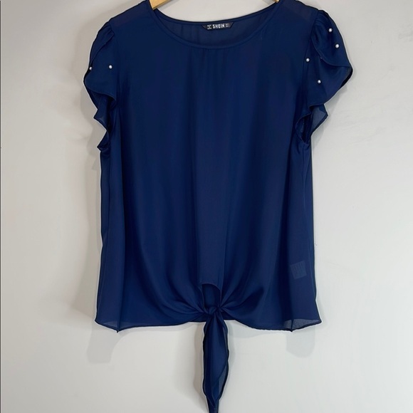 5/$25 Shein Tie Front Blouse Pearl Embellished Crossover Short Sl Semi Sheer L - Picture 11 of 11